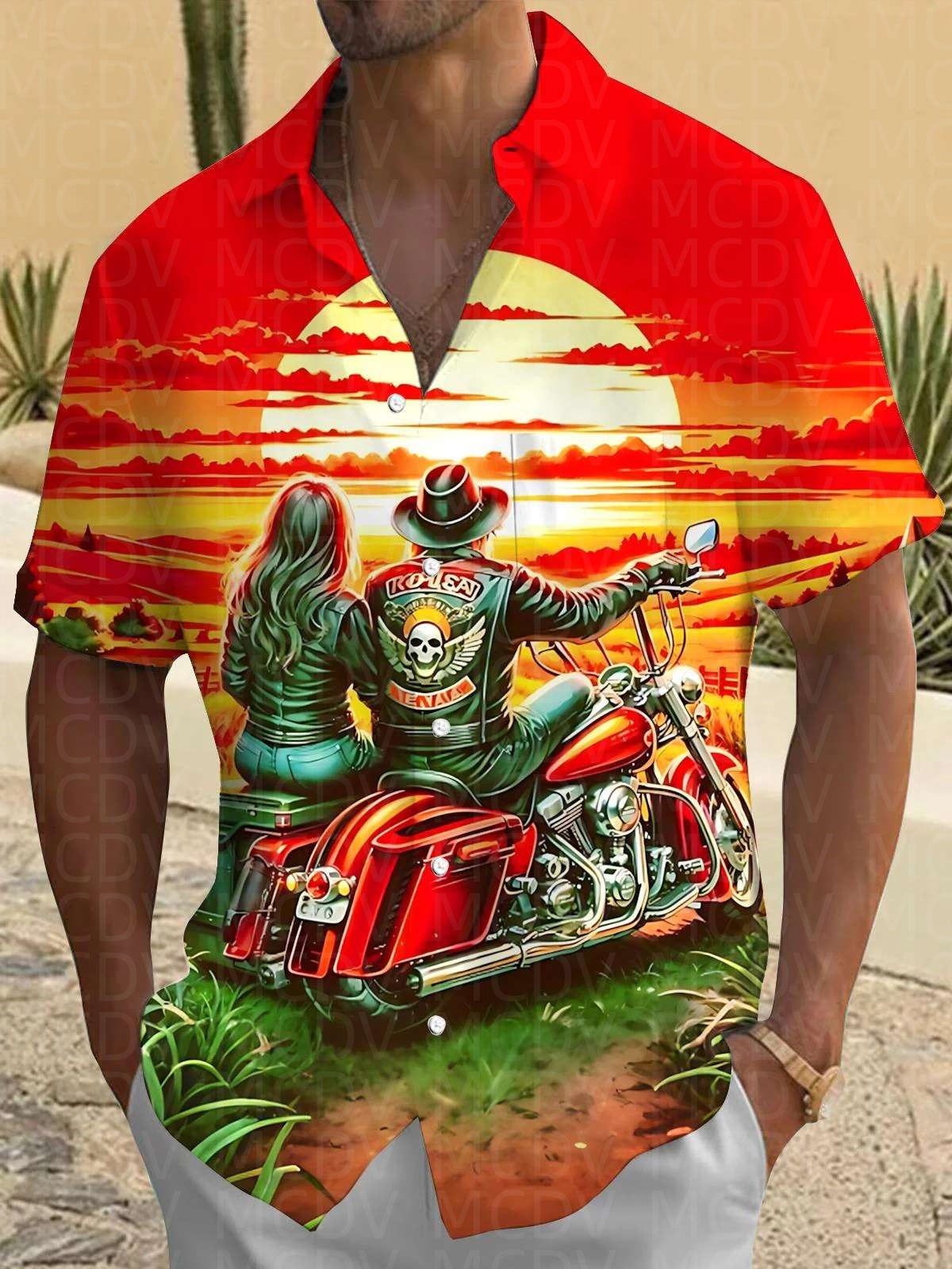 Outdoor Camping Outfit - Motorcycle Pattern Men's Hawaiian Shirt Stretch